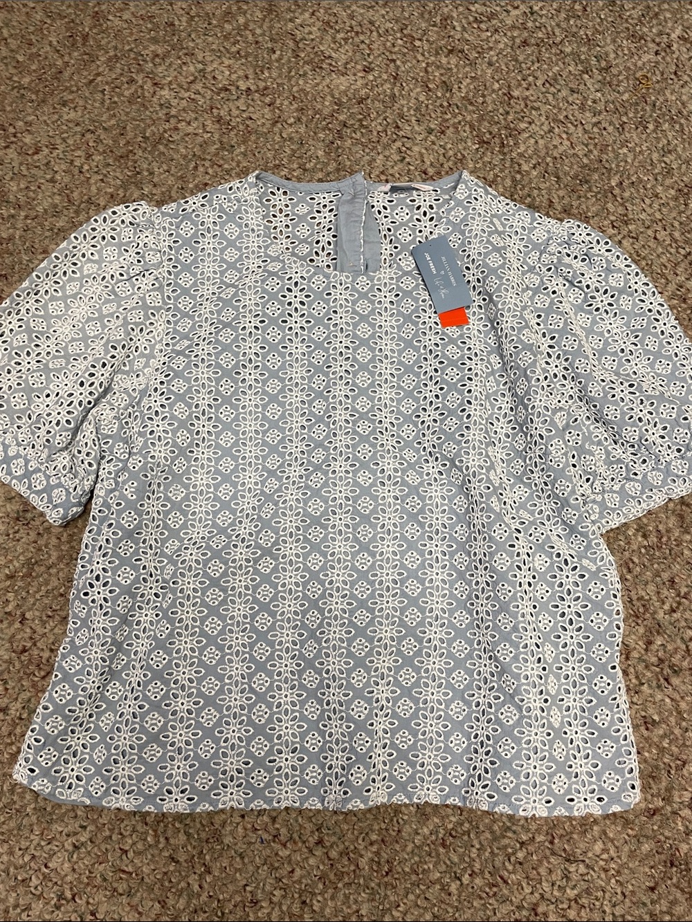 Jillian Harris white Eyelet blue lined Short-Sleeve Shirt with button up back